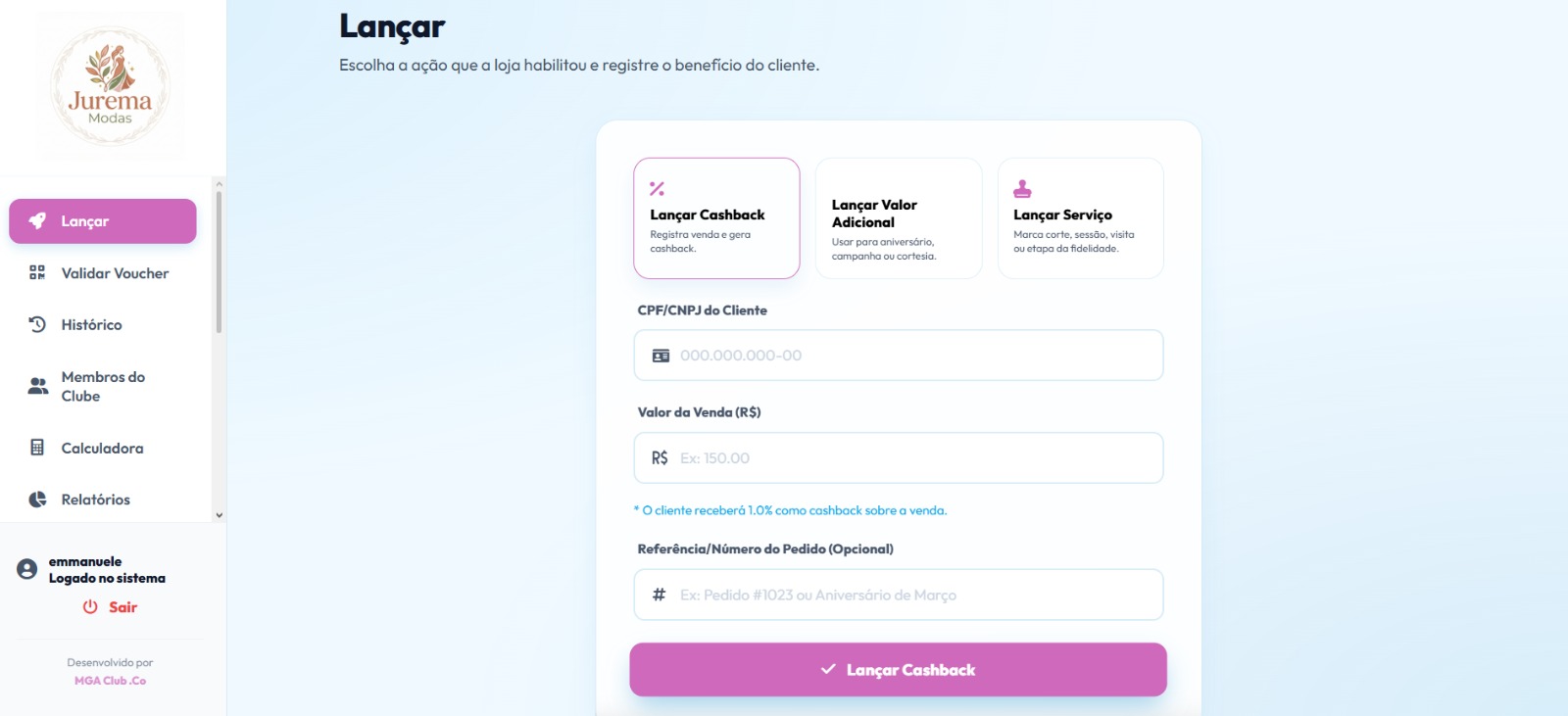 Tela principal da plataforma de cashback